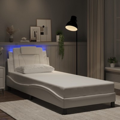 vidaXL Cadru de pat cu lumini LED, alb, 80x200 cm, piele ecologică foto