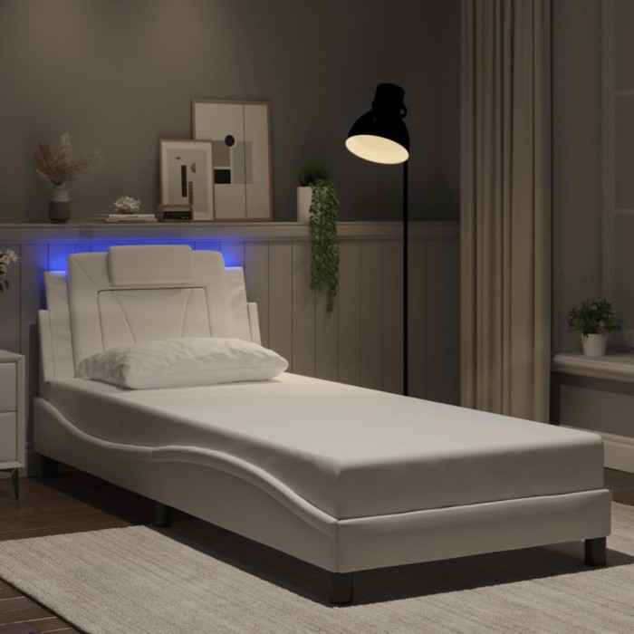 vidaXL Cadru de pat cu lumini LED, alb, 80x200 cm, piele ecologică