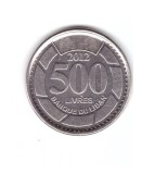 Moneda Liban 500 livres 2012, stare foarte buna, curata, Asia, Fier