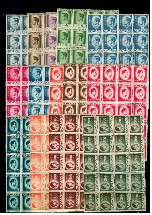 Romania 1945 - Uzuale Mihai, h.alba, lot blocuri de 20 neuzate
