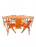 Set masa plianta cu spatiu depozitare, usa si sertar, Pal Melaminat, 160x96x80 cm si 6 scaune pliante lemn, tapitate cu piele ecologica, cires