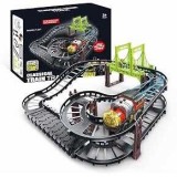 Set circuit tren clasic cu locomotiva electrica 122 piese pod tunel si trasee multiple