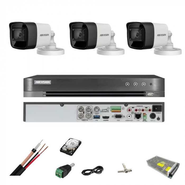Sistem de supraveghere complet Hikvision Turbo HD, inregistrare 4K sau 8,3 Mp,cu 3 camere de exterior si IR 30 m SafetyGuard Surveillance