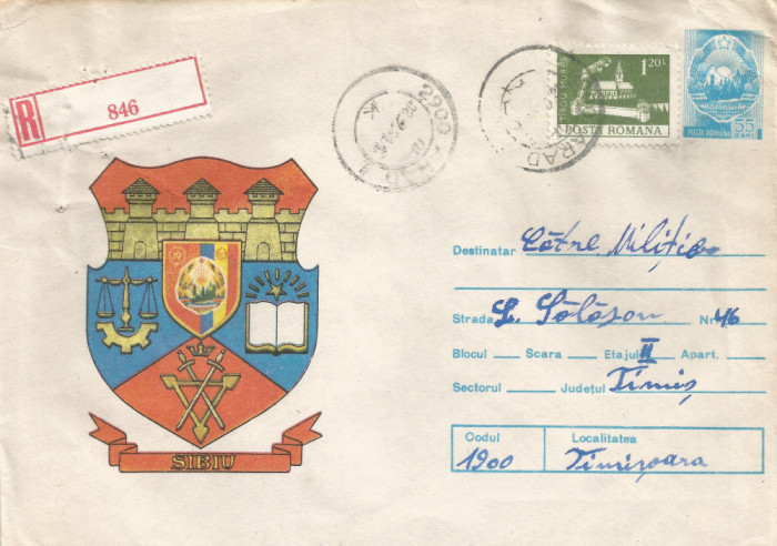Romania, Stema municipiului Sibiu, plic circulat, 1981