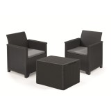 Set mobilier exterior, polipropilena, Keter Elodie, pentru gradina, terasa sau balcon, cu masuta depozitare, 2 fotolii, culoare grafit, rezistent UV