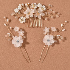 Accesoriu Par Mireasa - Ace Coc si Piepten Faux Pearl & Flower - 3 buc