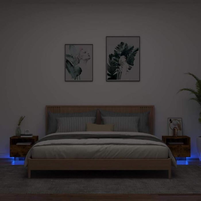 vidaXL Noptiere cu lumini LED, 2 buc., stejar fumuriu, 40x39x37 cm 836807
