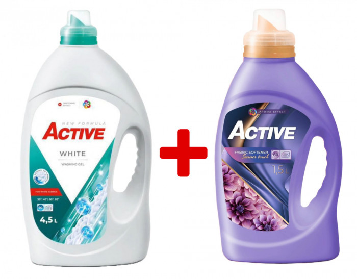 Detergent lichid pentru rufe albe Active, 4.5 litri, 90 spalari + Balsam de rufe Active Summer Touch, 1.5 litri, 60 spalari