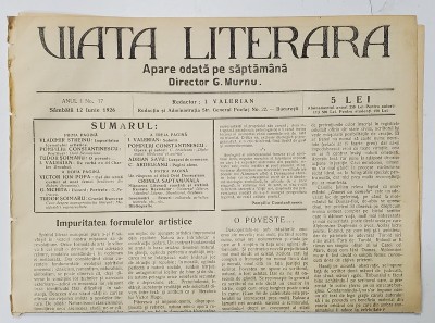 VIATA LITERARA , DIRECTOR G. MURNU , SAPTAMANAL , ANUL I , NR. 17 , 12 IUNIE , 1926 foto