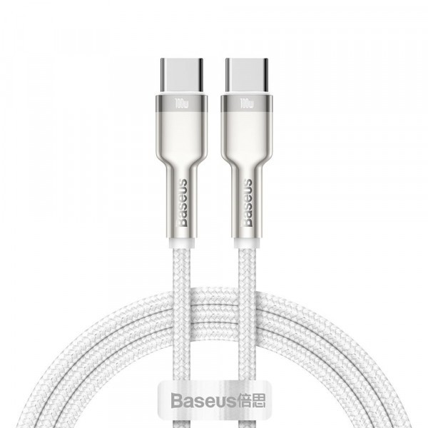 Cablu Date si Incarcare USB-C - USB-C Baseus Cafule Metal Series, 100W, 1m, Alb CATJK-C02