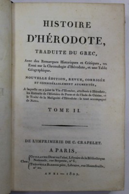 HISTOIRE D &amp;#039; HERODOTE , TRADUITE DU GREC , TOME II , 1802 foto