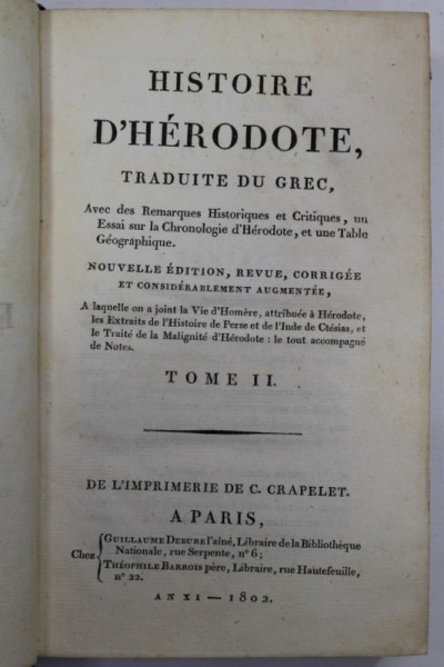 HISTOIRE D &#039; HERODOTE , TRADUITE DU GREC , TOME II , 1802