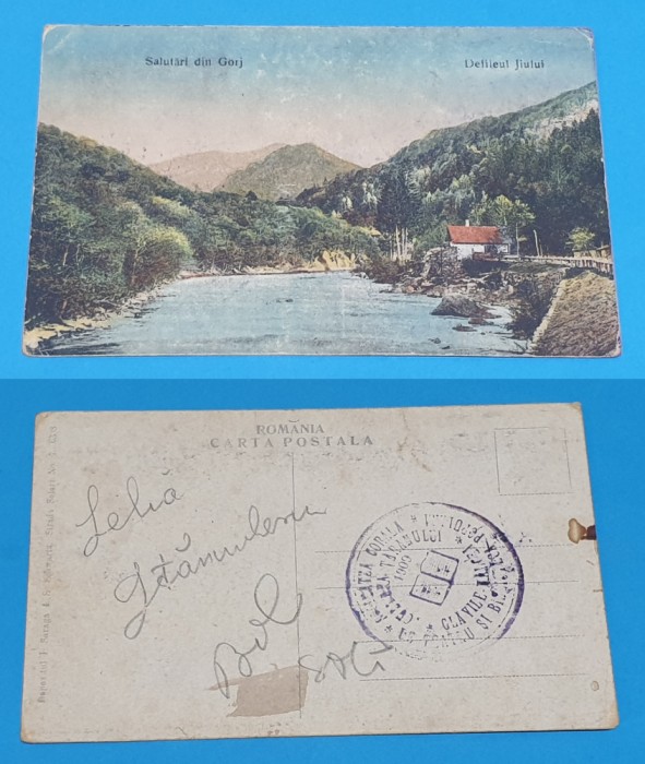 Carte Postala circulata veche anul 1909 - Salutari din Gorj - Defileul Jiului