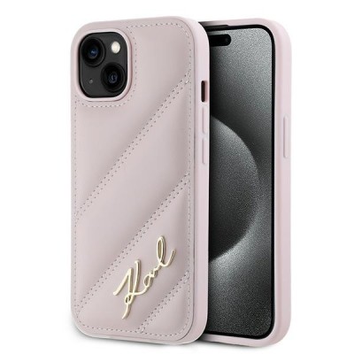 Husa iPhone 15 Plus Karl Lagerfeld Diagonal Quilted Script, roz, KLHCP15MPQDSMGP foto