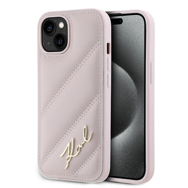 Husa iPhone 15 Plus Karl Lagerfeld Diagonal Quilted Script, roz, KLHCP15MPQDSMGP