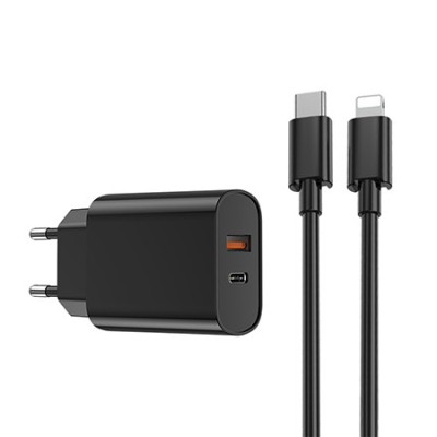 INCARCATOR RETEA USB + USB-C PD QC 20W + CABLU LIGHTNING -NEGRU foto