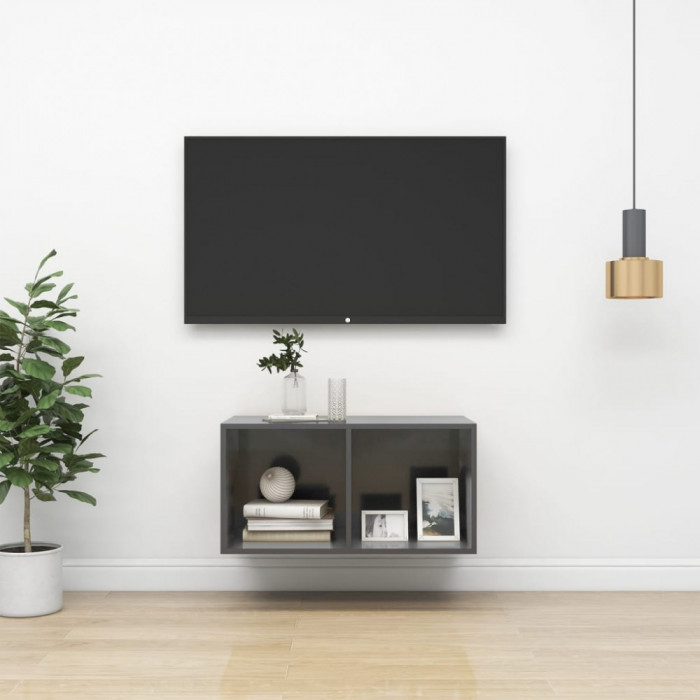 Dulap TV montat pe perete, gri extralucios, 37x37x72 cm, PAL GartenMobel Dekor