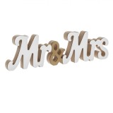 Semn Decorativ Nuntă, Mr &amp; Mrs, Lemn, Alb Auriu, 35x2.5x10 cm, Oem