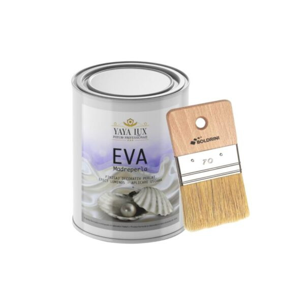 Set, Vopsea Decorativa Eva Madreperla Galben Pai, 1L si Pensula 70 mm