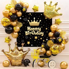 Kit aranjamente baloane happy birthday fundal baloane late- si folie aluminiu negru auriu