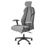 Scaun directorial HM Chrono, suport lombar, mecanism de balans, tetiera reglabila, piele ecologica stofa, 120 kg, gri negru
