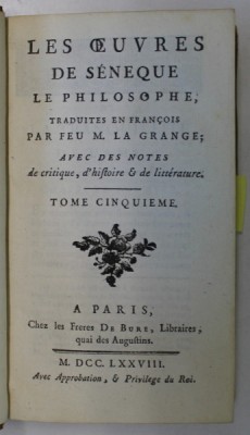 LES OEUVRES DE SENEQUE LE PHILOSOPHE , TOME CINQUIEME , 1778 foto