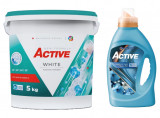 Detergent pudra pentru rufe albe Active, galeata 5kg, 65 spalari + Balsam de rufe Active Magic Blue, 1.5 litri, 60 spalari