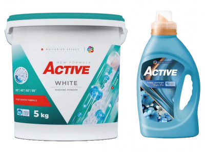 Detergent pudra pentru rufe albe Active, galeata 5kg, 65 spalari + Balsam de rufe Active Magic Blue, 1.5 litri, 60 spalari foto