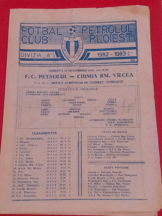 Program meci fotbal PETROLUL PLOIESTI - CHIMIA RAMNICU-VALCEA(16.10.1982)