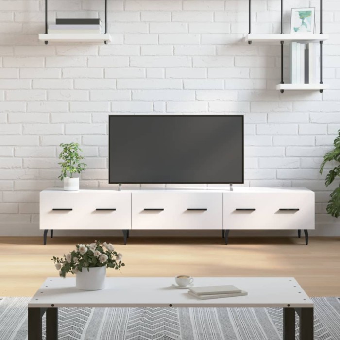 Gossi comoda tv, alb extralucios, 150x36x30 cm, lemn prelucrat