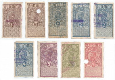 Rom&amp;acirc;nia, lot 259 cu 9 timbre fiscale generale, Ferdinand, 1919, oblit. foto