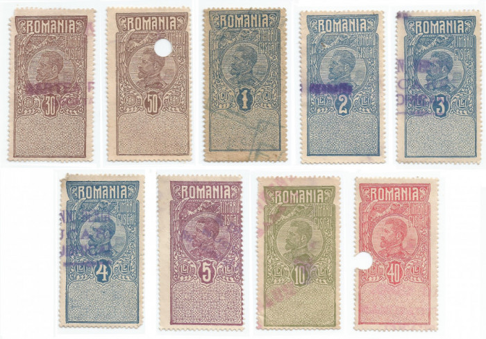 Rom&acirc;nia, lot 259 cu 9 timbre fiscale generale, Ferdinand, 1919, oblit.