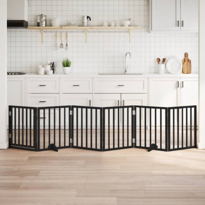 vidaXL Poartă c&acirc;ini pliabilă cu ușă 6 panouri negru, 300 cm, lemn plop 352189