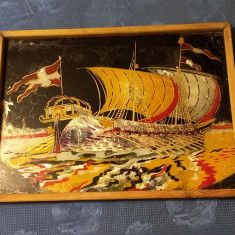D230-Tablou marin vechi pictura sub sticla nava Norvegia prb. Vikinga interbelic