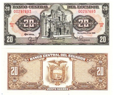Ecuador 20 Sucres 1988 P-121Aa UNC foto