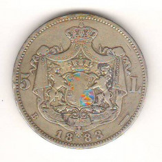 SV * Romania 5 LEI 1883 * ARGINT * Regele Carol I * Semnatura Kulrich pe 6.5 mm