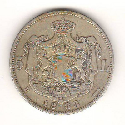 SV * Romania 5 LEI 1883 * ARGINT * Regele Carol I * Semnatura Kulrich pe 6.5 mm foto