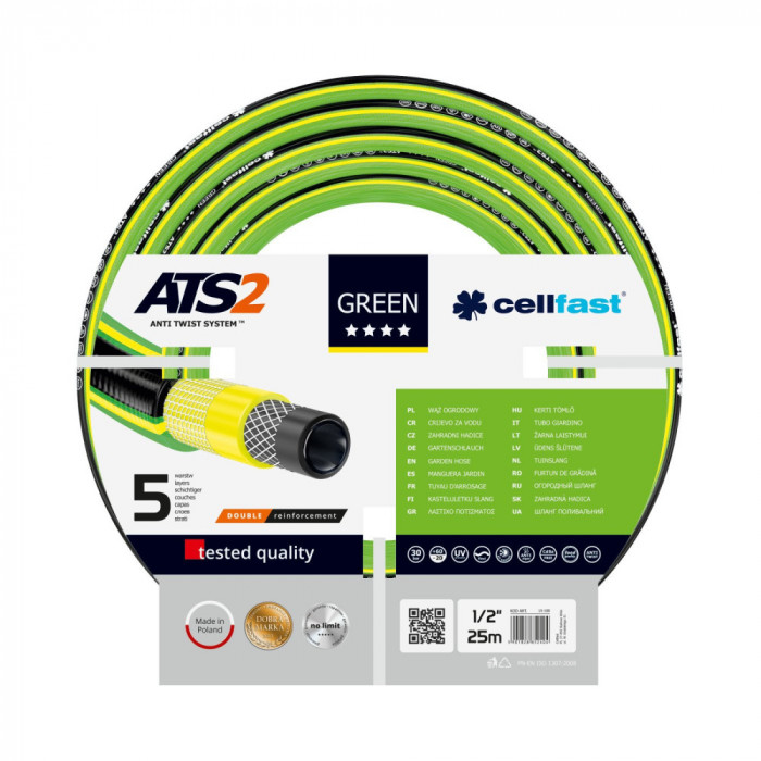 Furtun pentru gradina Cellfast GREEN cu 5 straturi, 1 2 , Armat, 25m, protectie UV, antirasucire