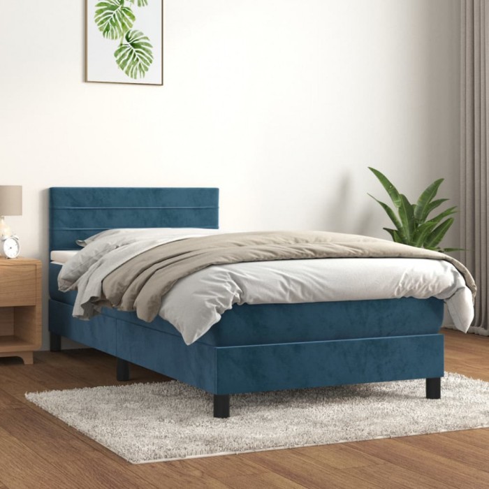 Pat box spring cu saltea, albastru &icirc;nchis, 90x190 cm, catifea GartenMobel Dekor