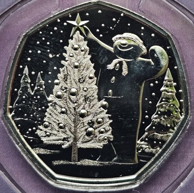 50 pence 2024 Marea Britanie, The Snowman with Christmas Trees, B unc, Coincard foto