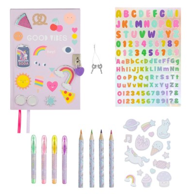 Set Papetărie, Good Vibes, 11 Bucăți, Culoare Lila, Journal 64 Pagini, Autocolante Holografice, Pixuri și Creioane Colorate foto