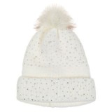 Căciulă tricotată off white cu strasuri, mărgele și pompon pentru femei, CMCLASS