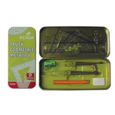 Trusa pentru geometrie metalica, 9 piese, culoare verde