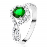 Inel argint 925, ştras rotund, verde, braţe cu zirconiu, răsucite - Marime inel: 50
