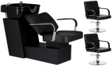 Set Scafă coafor profesională unitate de spălare model Luke + 2 x scaune de coafură suport hidraulic pivotant pentru picioare și accesorii bol