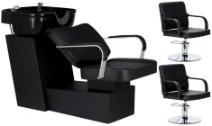 Set Scafă coafor profesională unitate de spălare model Luke + 2 x scaune de coafură suport hidraulic pivotant pentru picioare și accesorii bol