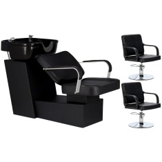 Set Scafă coafor profesională unitate de spălare model Luke + 2 x scaune de coafură suport hidraulic pivotant pentru picioare și accesorii bol
