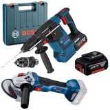 Bosch GBH 18V-26 F + GWS 18V-10 - Rotopercutor SDS-Plus cu 2 acumulatori Li-Ion 18 V 6 Ah 2.6 J mandrina interschimbabila + Polizor unghiular 125 mm