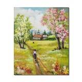 Tablou peisaj copaci infloriti pictat manual, O zi minunata, 50x40cm ulei pe panza, Constatin Feraru