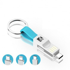 Cablu breloc pentru incarcare 3in1 Magnetic Iphone Samsung Huawei USB to 8 Pin + Micro USB + USB-C / Type-C Albastru foto